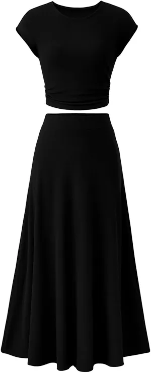 2 Piece Skirt Set Women Crew Neck Short Sleeve Cropped Top Elastic Waist Swing Skirts High Waist Maxi Skirt Set