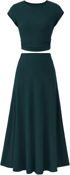 2 Piece Skirt Set Women Crew Neck Short Sleeve Cropped Top Elastic Waist Swing Skirts High Waist Maxi Skirt Set