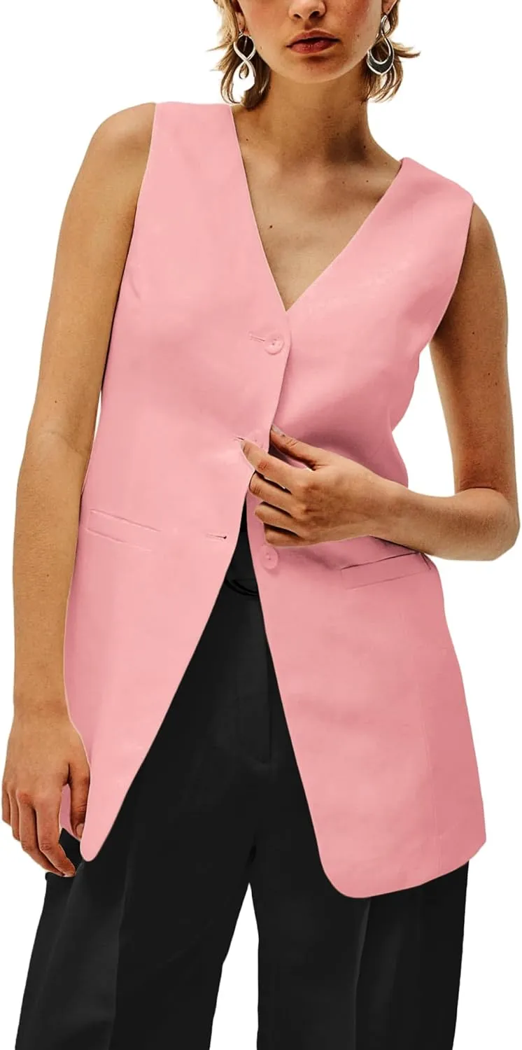 2025 Women's Summer Linen Vest Blazer Long Y2K Lightweight Fully-Lined V-Neck Fashion Casual Jackets Tops Pockets