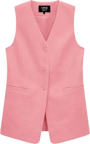 2025 Women's Summer Linen Vest Blazer Long Y2K Lightweight Fully-Lined V-Neck Fashion Casual Jackets Tops Pockets