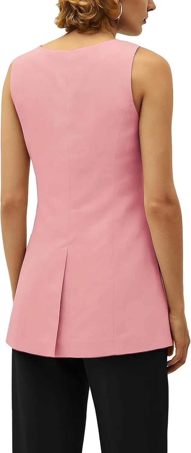 2025 Women's Summer Linen Vest Blazer Long Y2K Lightweight Fully-Lined V-Neck Fashion Casual Jackets Tops Pockets