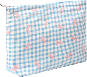 Aesthetic Makeup Bag Cosmetic Bags for Women and Girls, Large Capacity Canvas Travel Makeup Organizer Bag Zipper Pouch (Check bow blue)