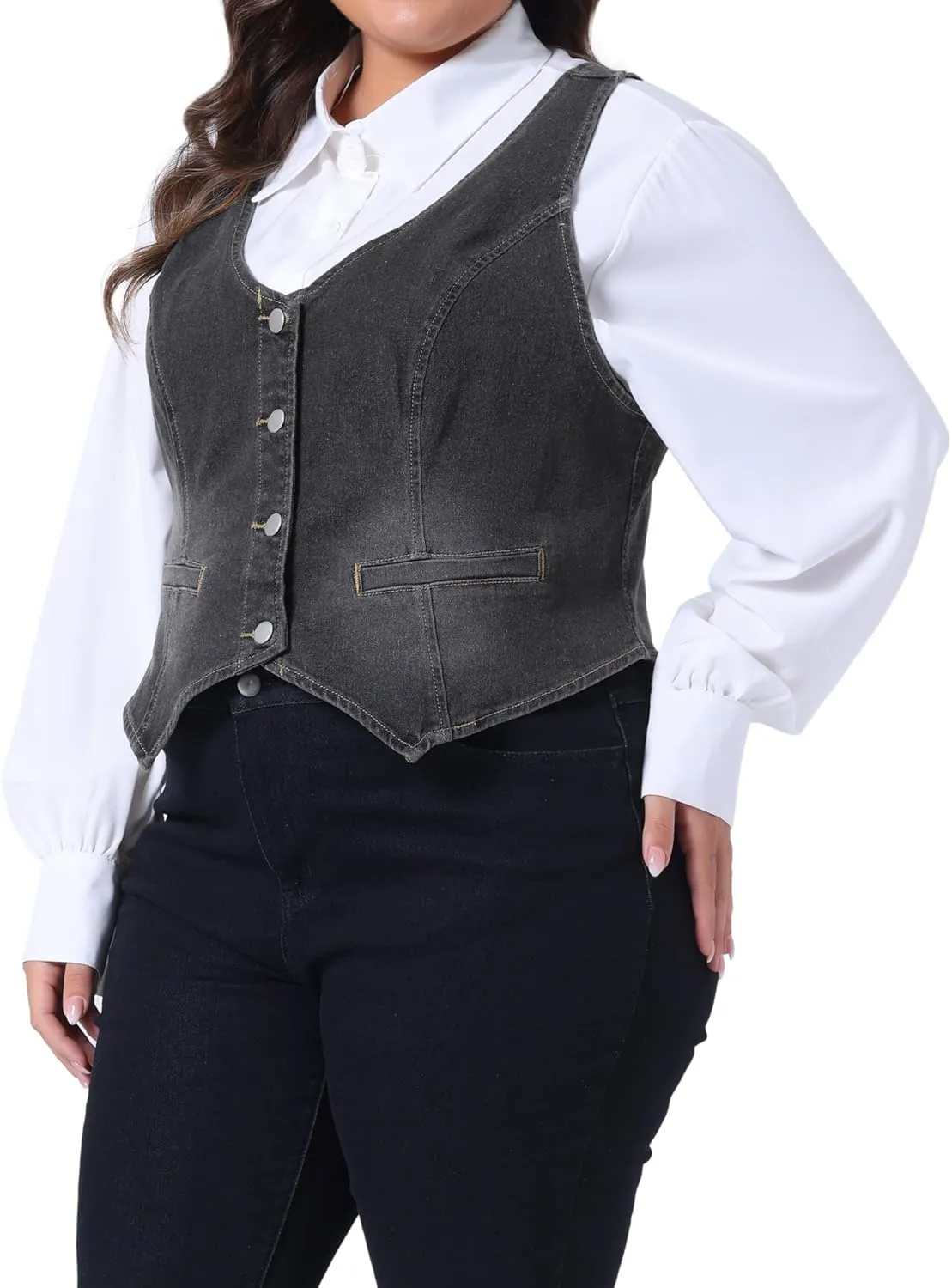 Agnes Orinda Plus Size Denim Vest for Women Jean Vests Top Button Down Waistcoat Casual Sleeveless Jacket