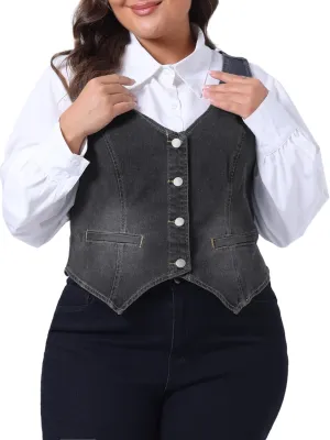 Agnes Orinda Plus Size Denim Vest for Women Jean Vests Top Button Down Waistcoat Casual Sleeveless Jacket