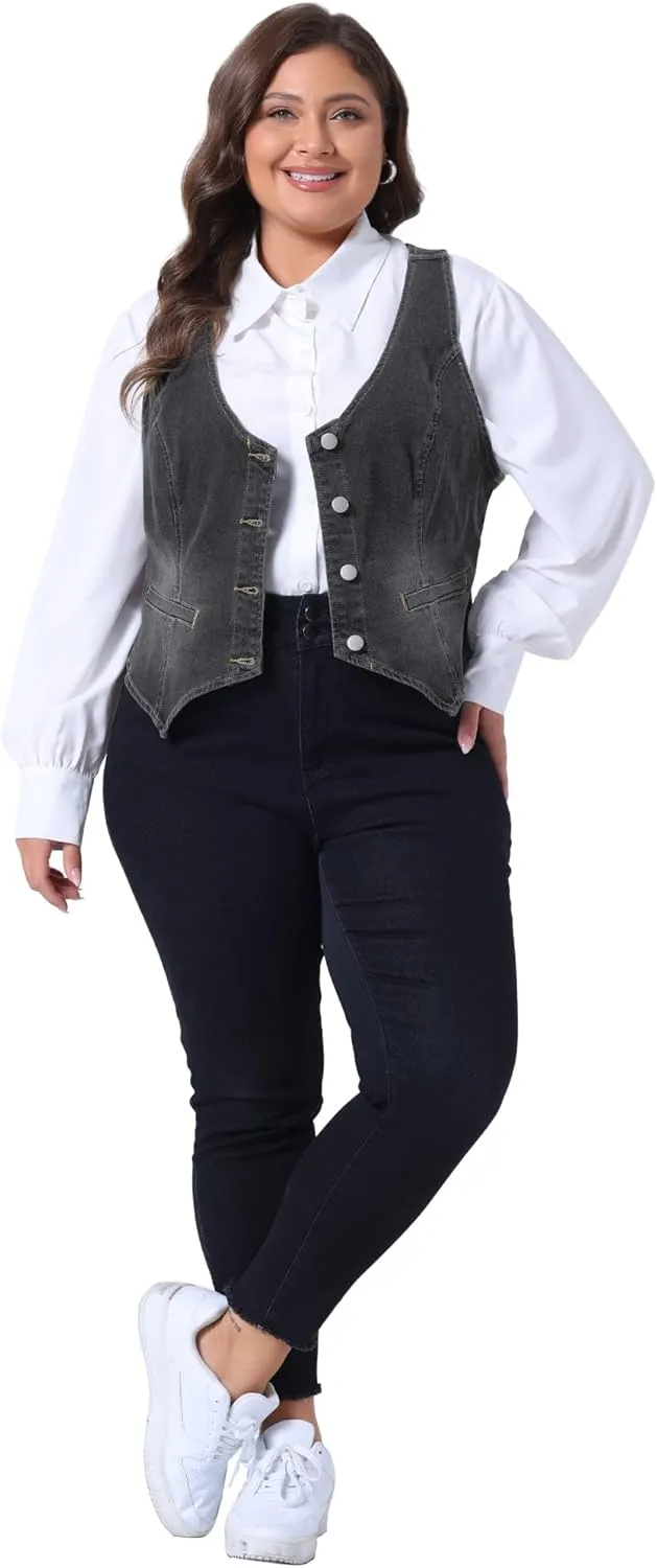 Agnes Orinda Plus Size Denim Vest for Women Jean Vests Top Button Down Waistcoat Casual Sleeveless Jacket