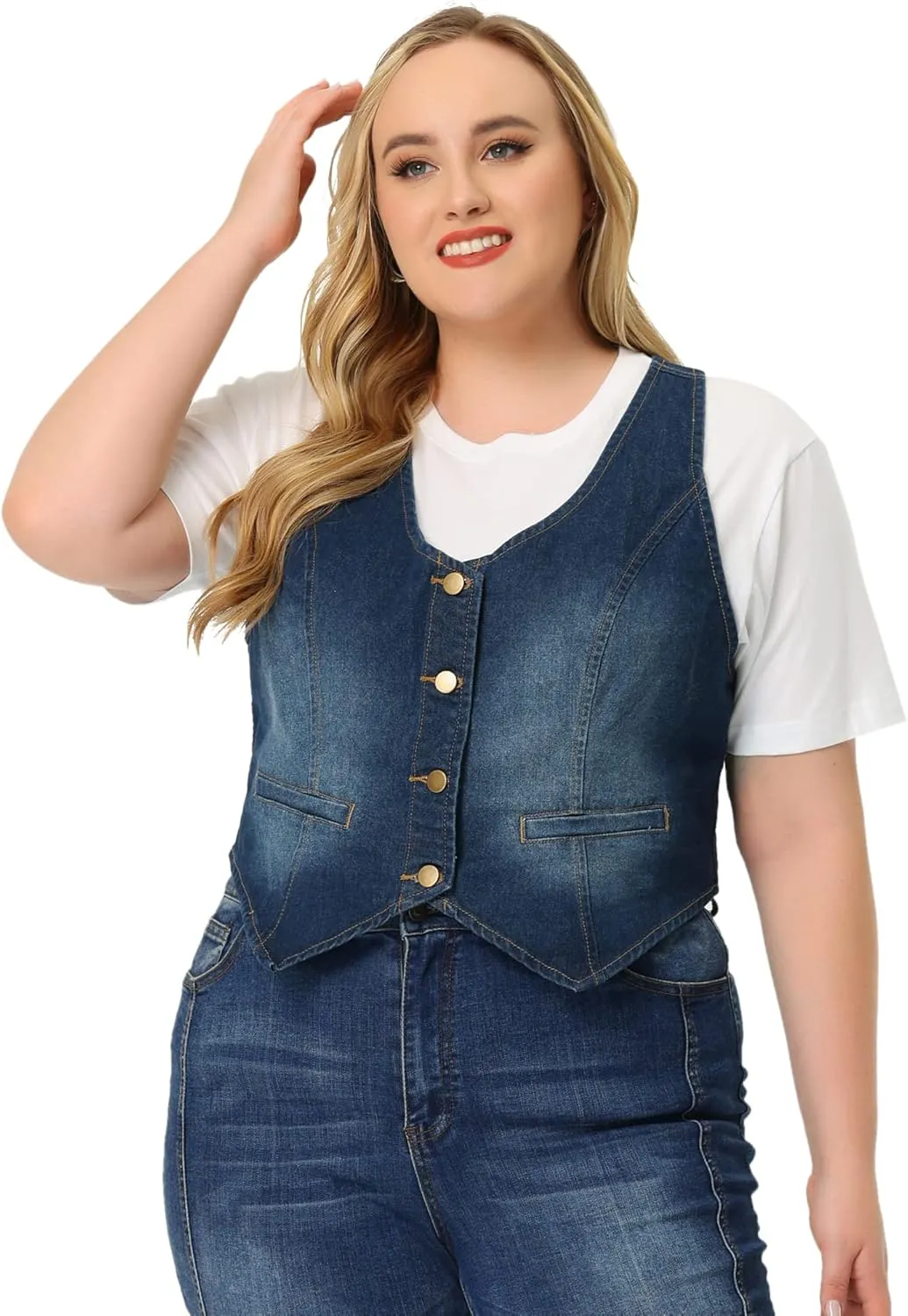 Agnes Orinda Plus Size Denim Vest for Women Jean Vests Top Button Down Waistcoat Casual Sleeveless Jacket