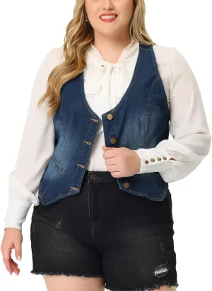 Agnes Orinda Plus Size Denim Vest for Women Jean Vests Top Button Down Waistcoat Casual Sleeveless Jacket