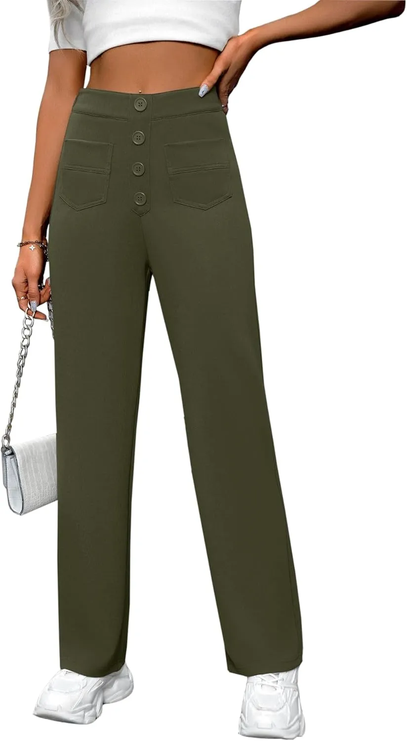 AIFARLD Straight Leg Pants for Women Flexipants High Waisted Button Stretchy Trousers Multiple Pockets Business Work Casual