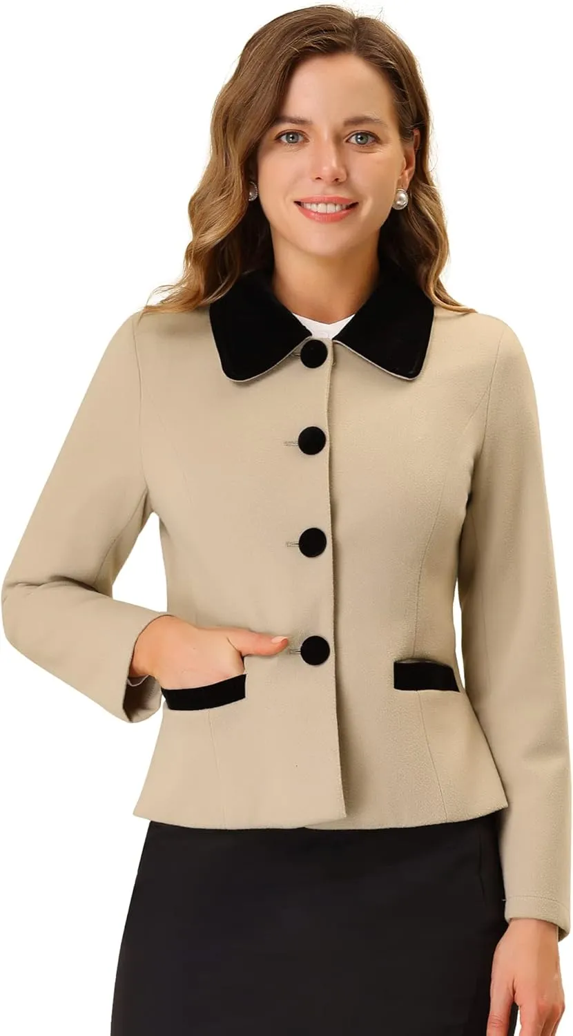 Allegra K Women's Work Office Winter Coat Turndown Collar Single Breasted Outerwear Peacoat