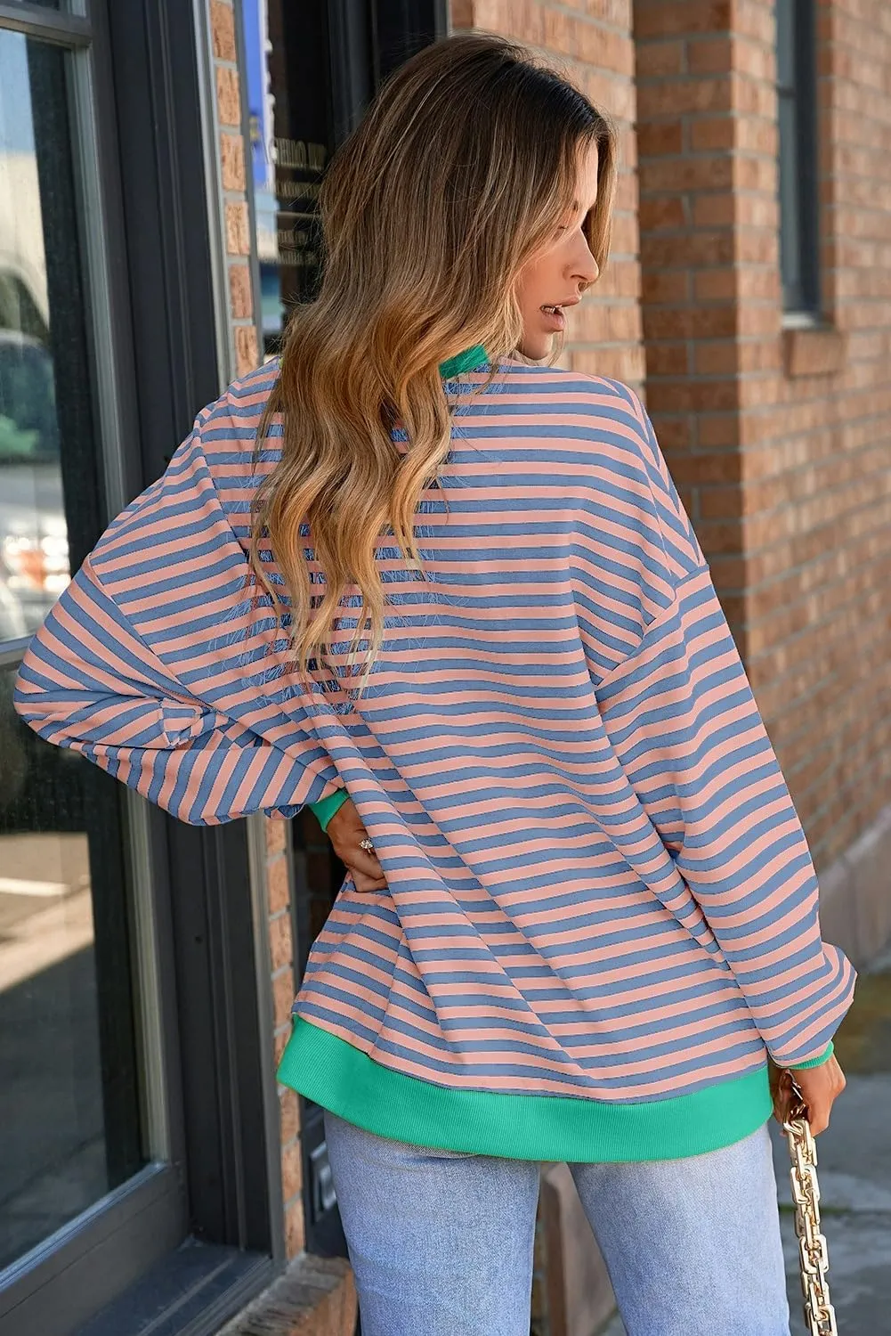AlvaQ Womens Oversized Sweatshirt 2024 Casual Crewneck Long Sleeve Colorblock Striped Pullover Tunic Tops Outfits