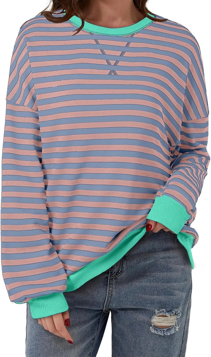 AlvaQ Womens Oversized Sweatshirt 2024 Casual Crewneck Long Sleeve Colorblock Striped Pullover Tunic Tops Outfits