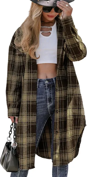 Amegoya Women's Casual Plaid Lapel Shacket Jacket Wool Blend Button Up Shirt Loose Oversize Coat