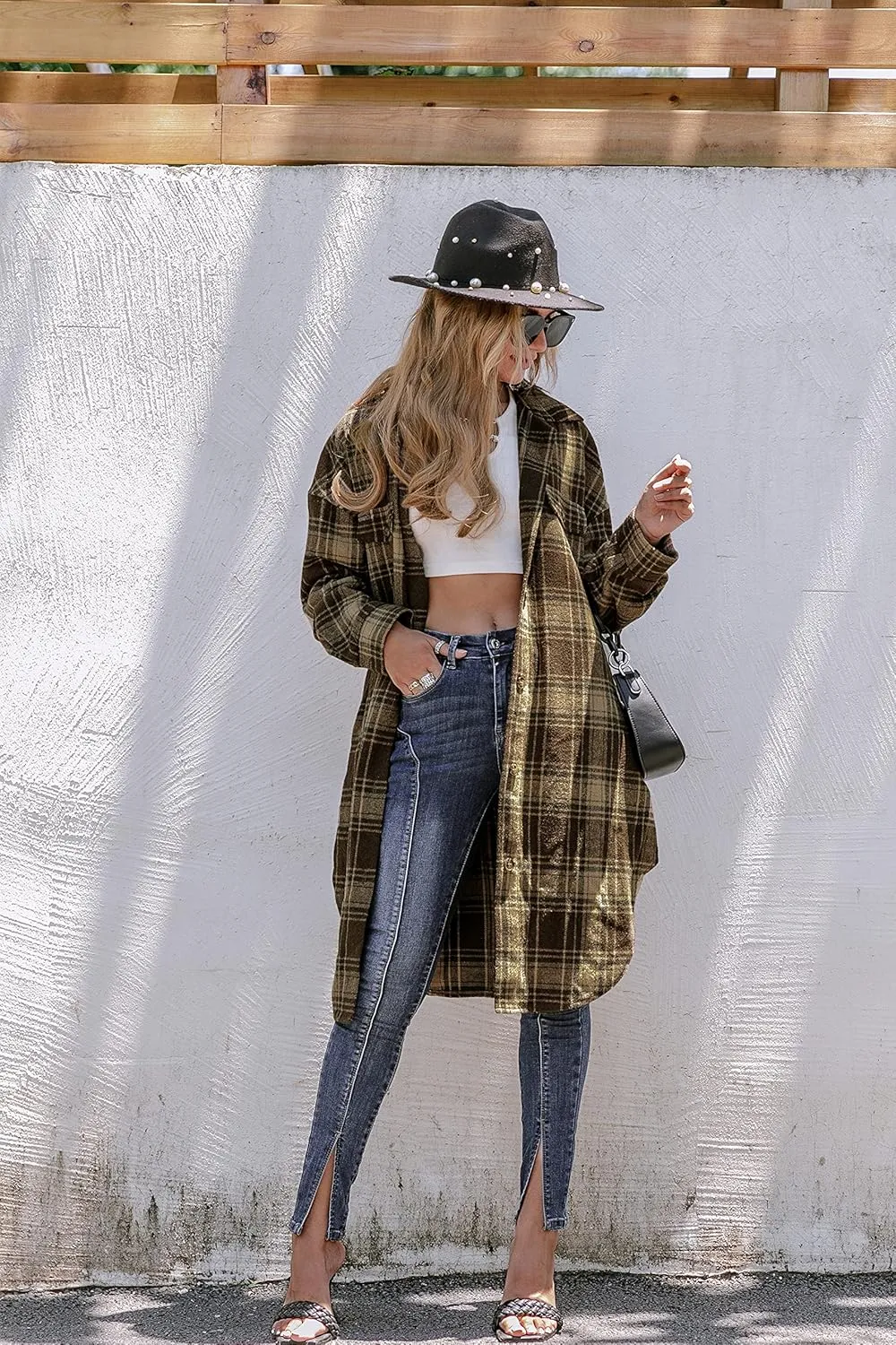 Amegoya Women's Casual Plaid Lapel Shacket Jacket Wool Blend Button Up Shirt Loose Oversize Coat