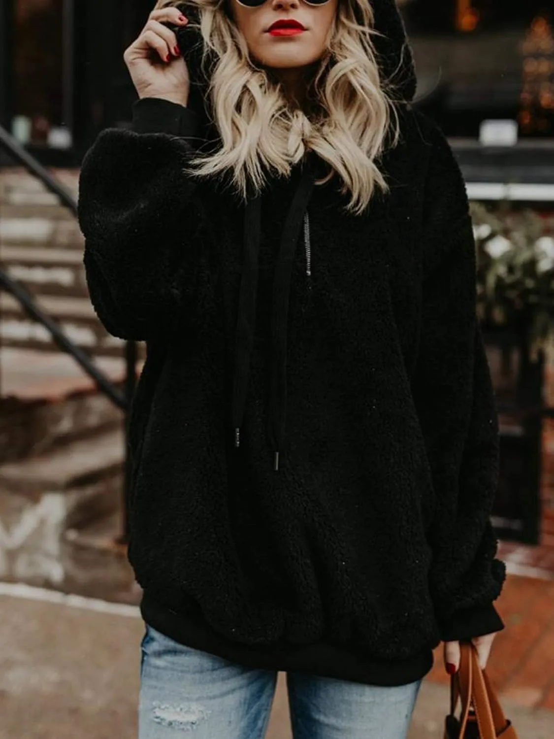 American Trends Womens Athletic Fuzzy Hoodies Sherpa Pullover Hoodie for Women Zip Oversized Plush Hoodie with Pockets
