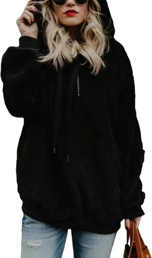American Trends Womens Athletic Fuzzy Hoodies Sherpa Pullover Hoodie for Women Zip Oversized Plush Hoodie with Pockets