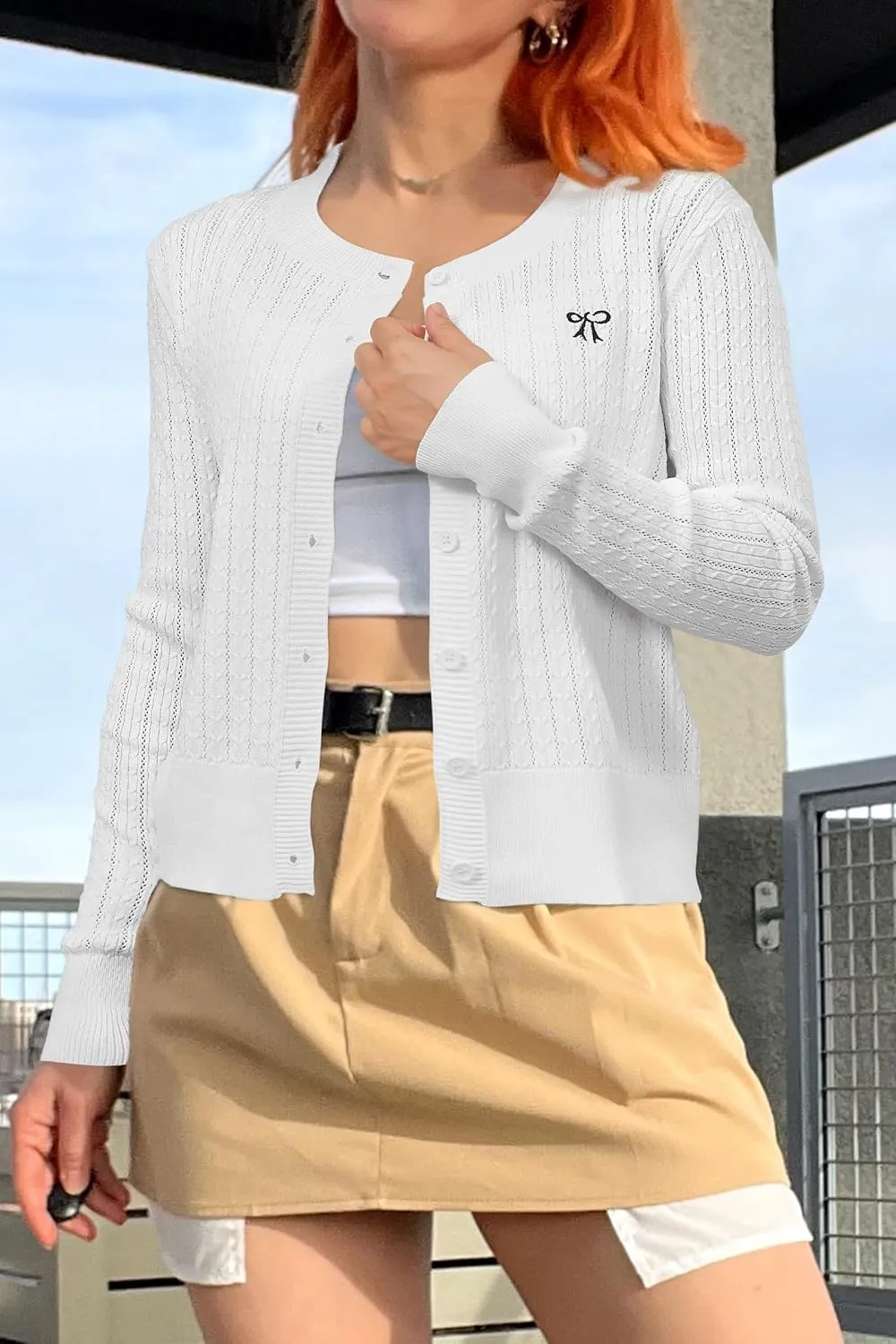 Arach&Cloz Womens 2025 Summer Lightweight Cardigan Long Sleeve Cable Knit Hollow Out Bow Embroidery Tops