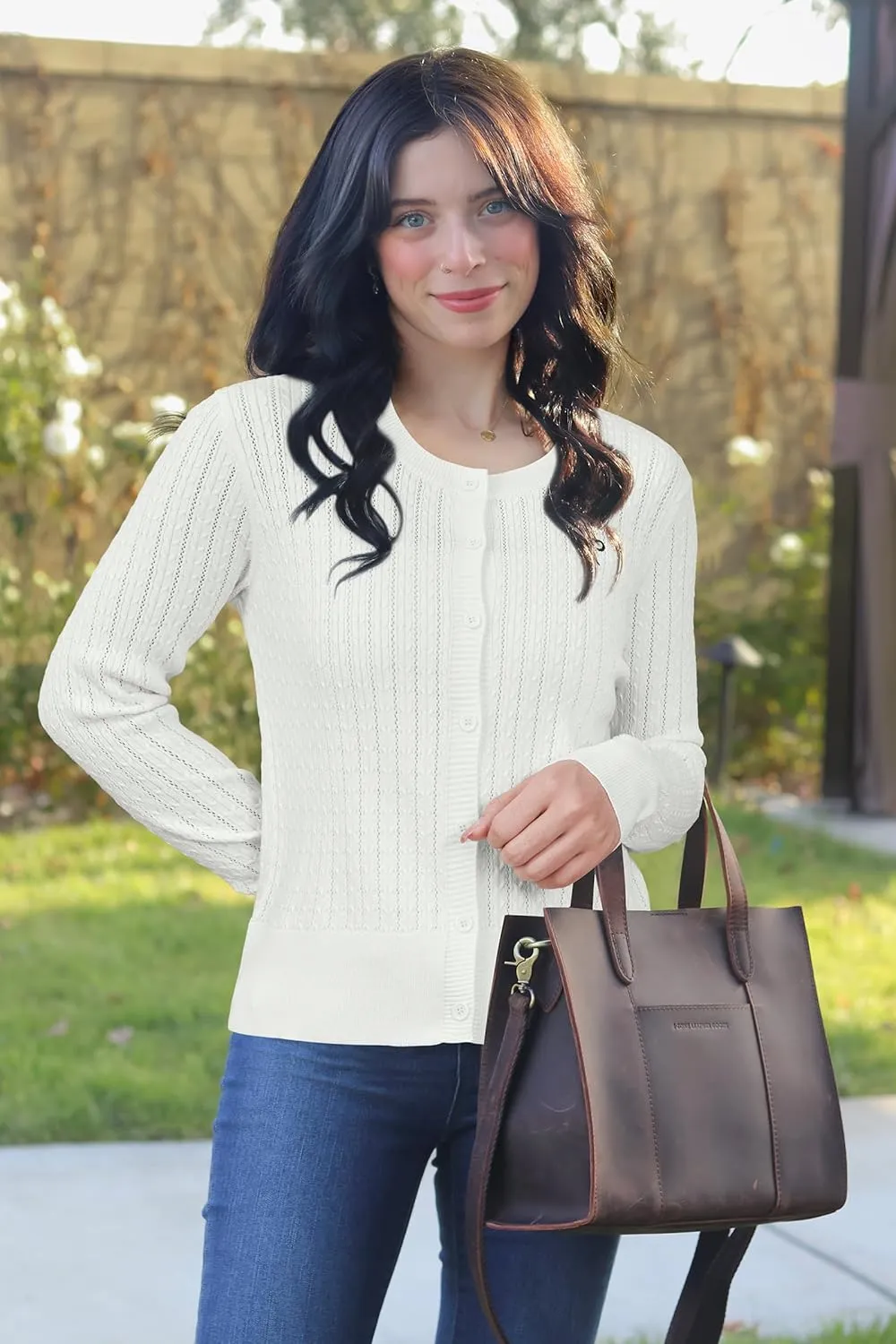Arach&Cloz Womens 2025 Summer Lightweight Cardigan Long Sleeve Cable Knit Hollow Out Bow Embroidery Tops