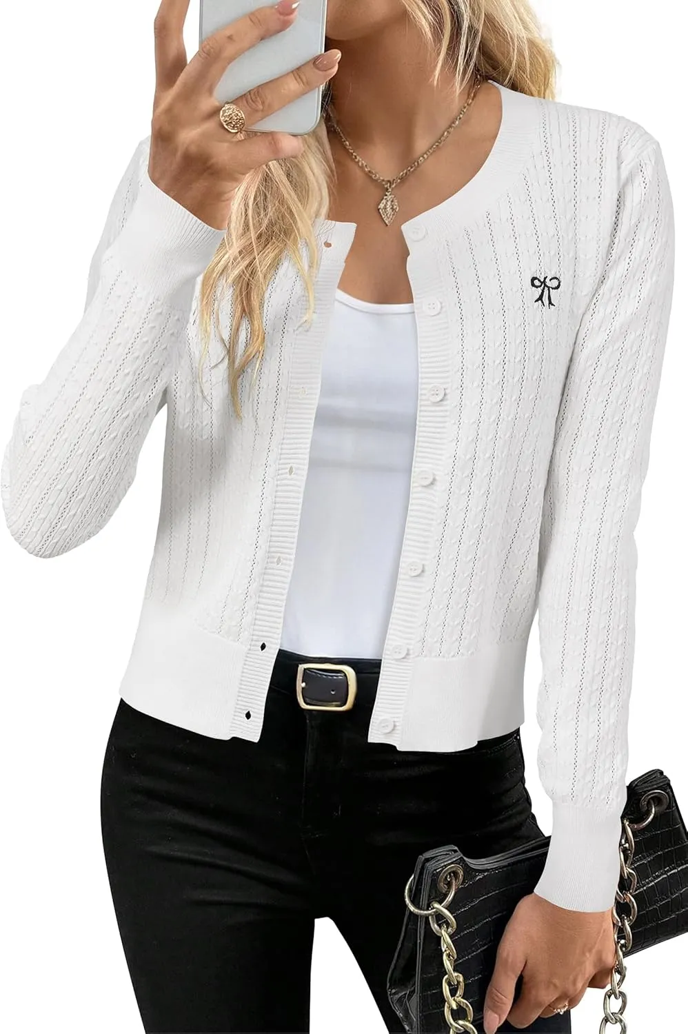 Arach&Cloz Womens 2025 Summer Lightweight Cardigan Long Sleeve Cable Knit Hollow Out Bow Embroidery Tops