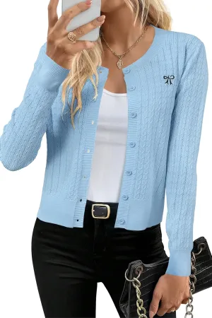 Arach&Cloz Womens 2025 Summer Lightweight Cardigan Long Sleeve Cable Knit Hollow Out Bow Embroidery Tops