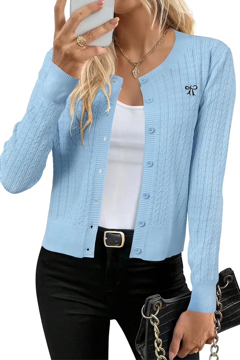 Arach&Cloz Womens 2025 Summer Lightweight Cardigan Long Sleeve Cable Knit Hollow Out Bow Embroidery Tops