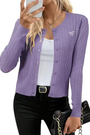 Arach&Cloz Womens 2025 Summer Lightweight Cardigan Long Sleeve Cable Knit Hollow Out Bow Embroidery Tops