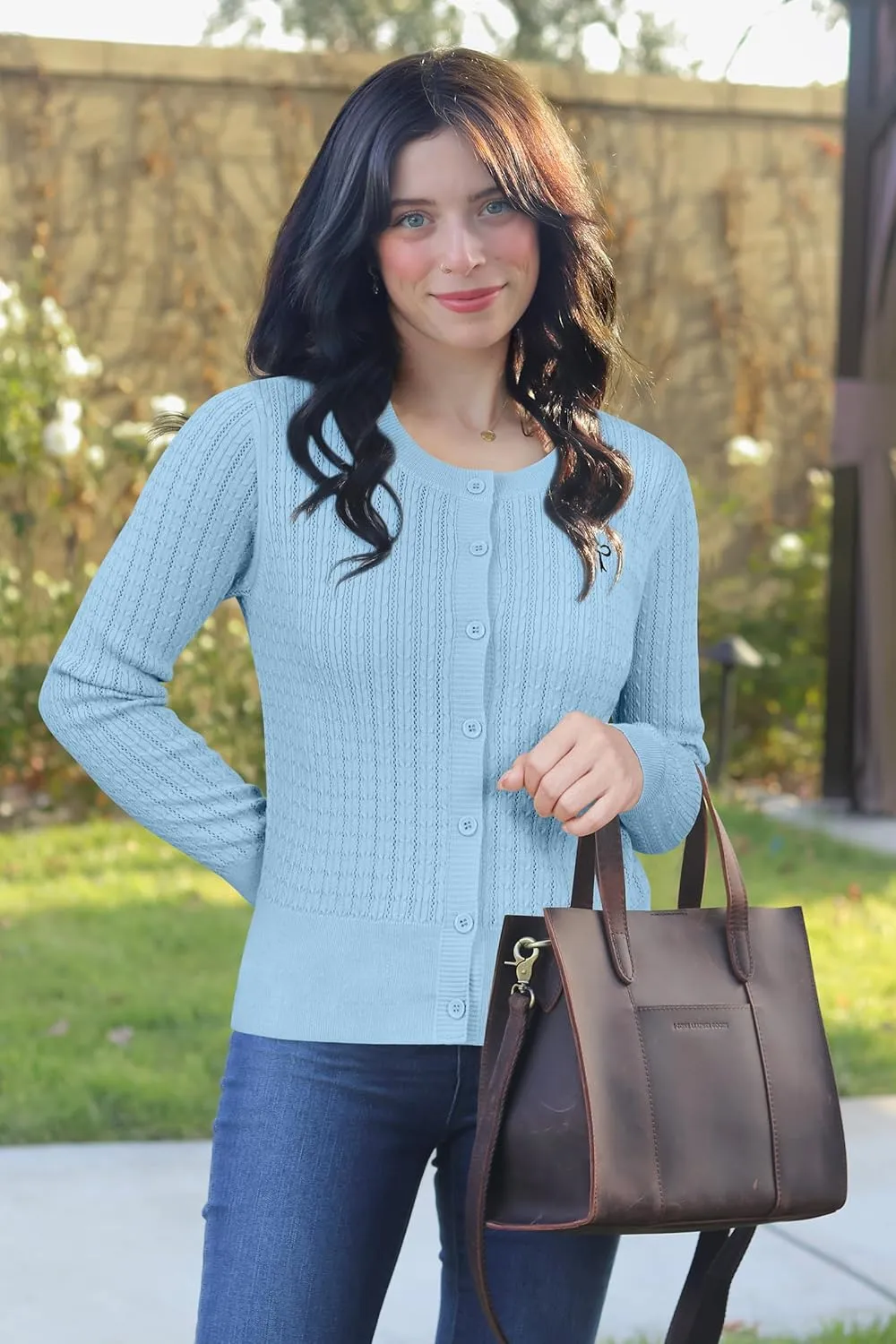 Arach&Cloz Womens 2025 Summer Lightweight Cardigan Long Sleeve Cable Knit Hollow Out Bow Embroidery Tops