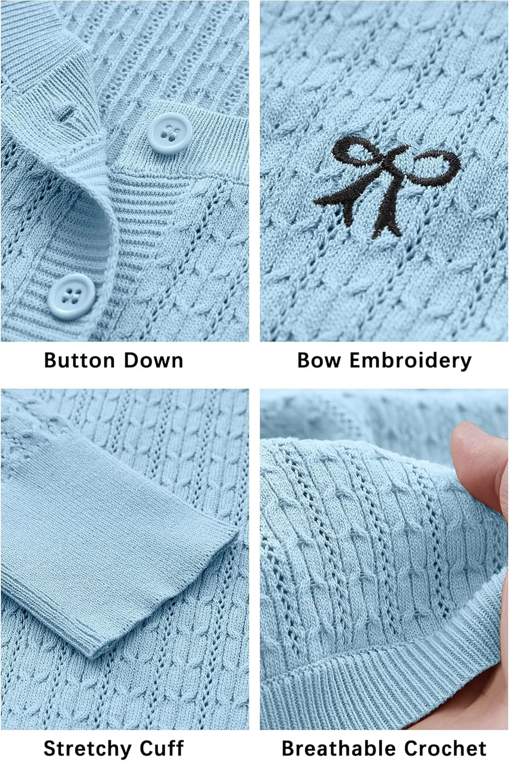 Arach&Cloz Womens 2025 Summer Lightweight Cardigan Long Sleeve Cable Knit Hollow Out Bow Embroidery Tops
