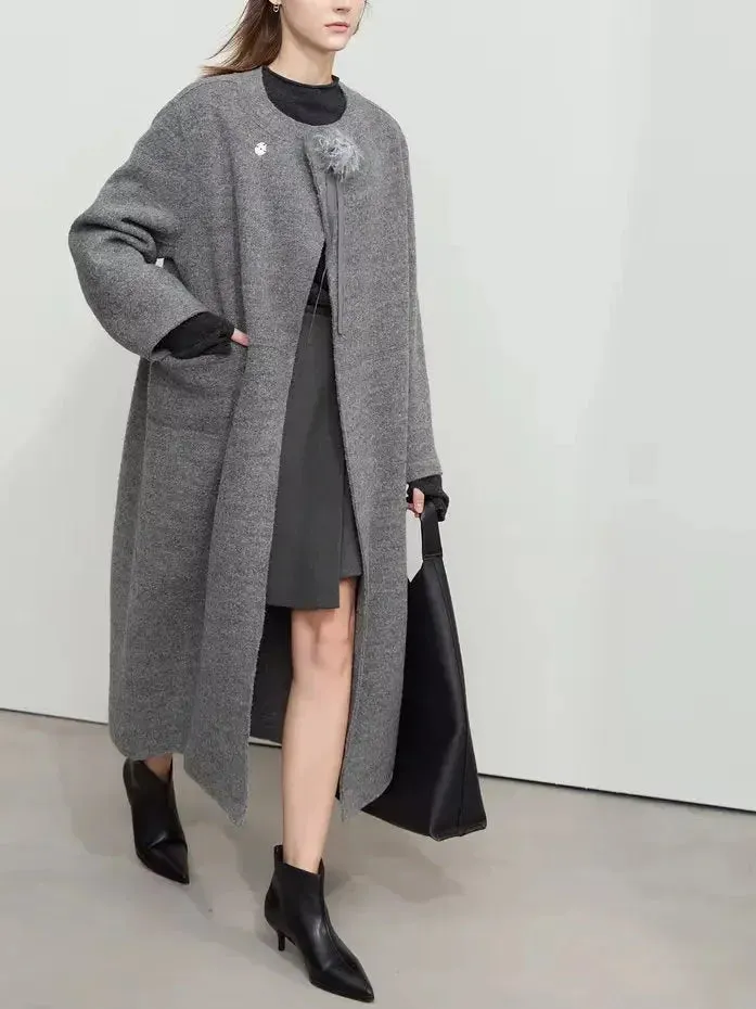 Asymmetrical-Closure Wool Coat with Removable Corsage