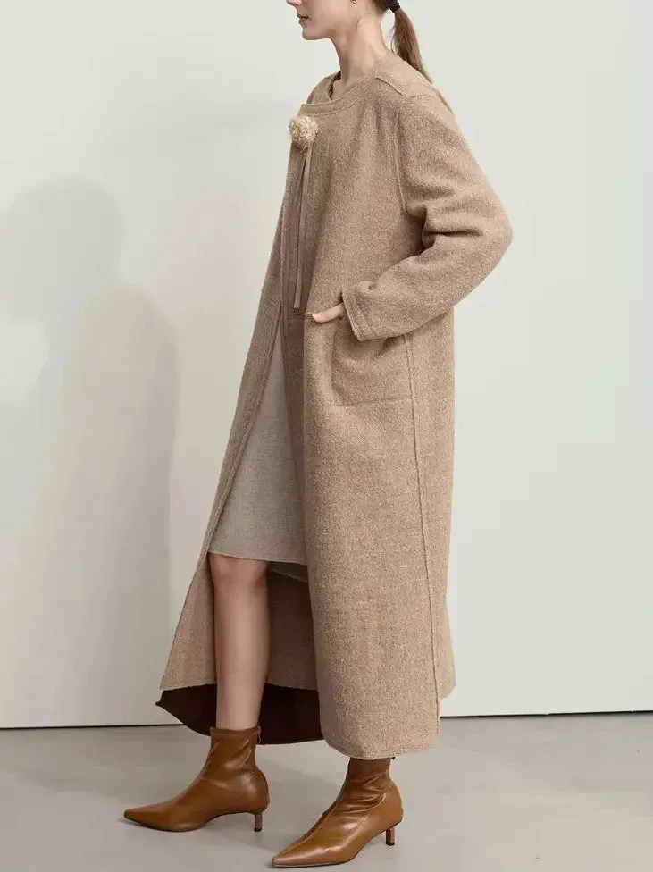 Asymmetrical-Closure Wool Coat with Removable Corsage