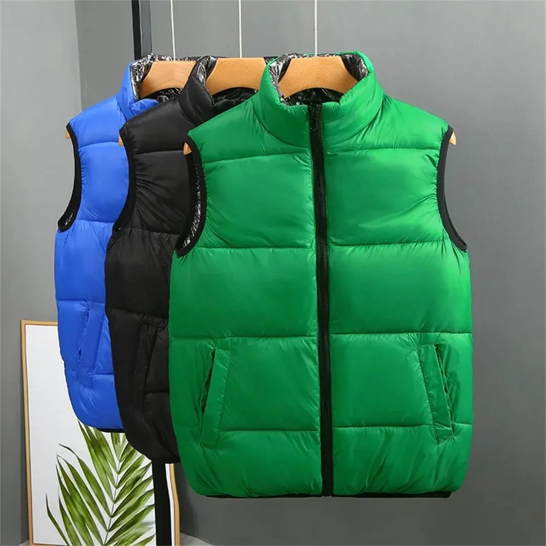 Autumn Winter Men's Reversible Vests Zipper Warm Puffer Jackets Stand Collar Cotton Padded Sleeveless Coats