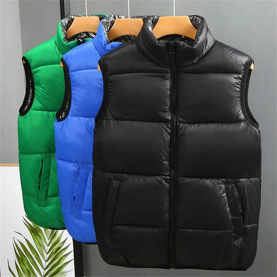 Autumn Winter Men's Reversible Vests Zipper Warm Puffer Jackets Stand Collar Cotton Padded Sleeveless Coats