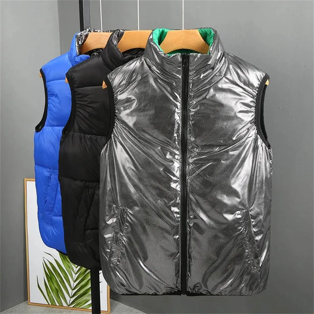Autumn Winter Men's Reversible Vests Zipper Warm Puffer Jackets Stand Collar Cotton Padded Sleeveless Coats