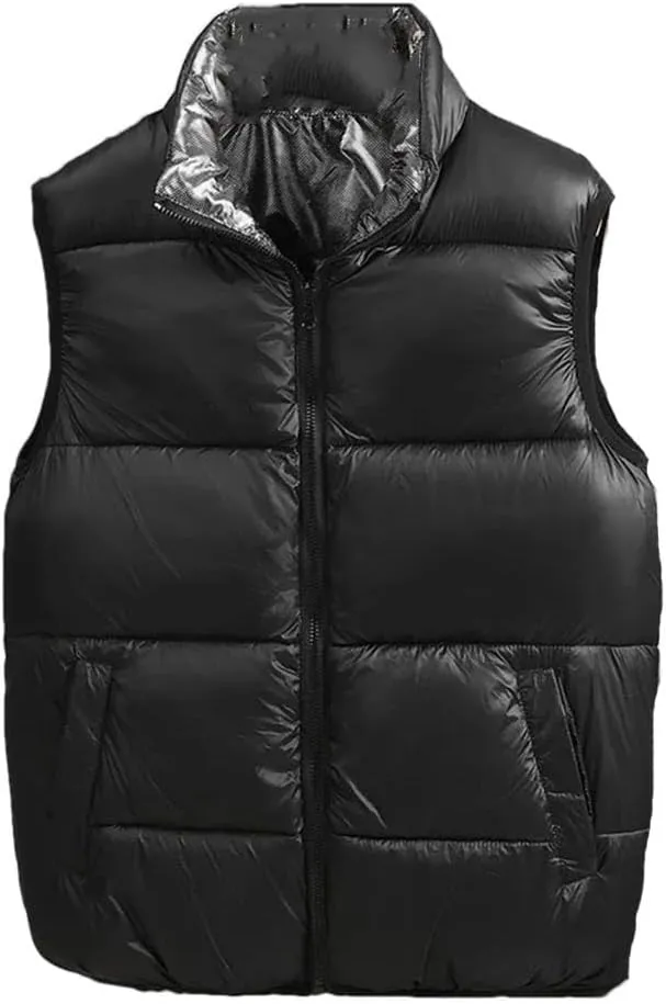 Autumn Winter Men's Reversible Vests Zipper Warm Puffer Jackets Stand Collar Cotton Padded Sleeveless Coats
