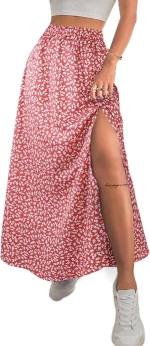 Avanova Women Boho Floral Slit Maxi Skirt Split Thigh High Waisted Long Sexy Skirt Red Floral Medium