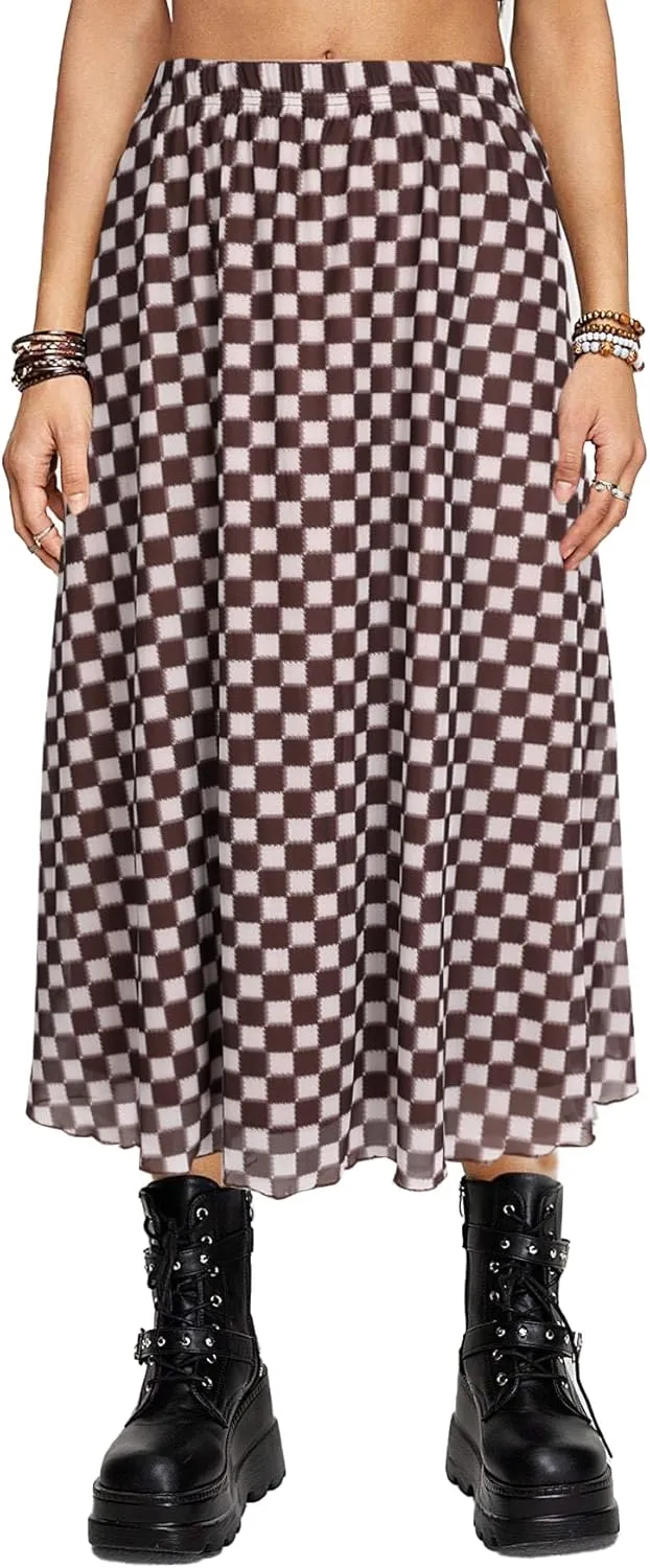 Avanova Women Mesh High Waist A Line Midi Skirt Swing Flared Long Skirts