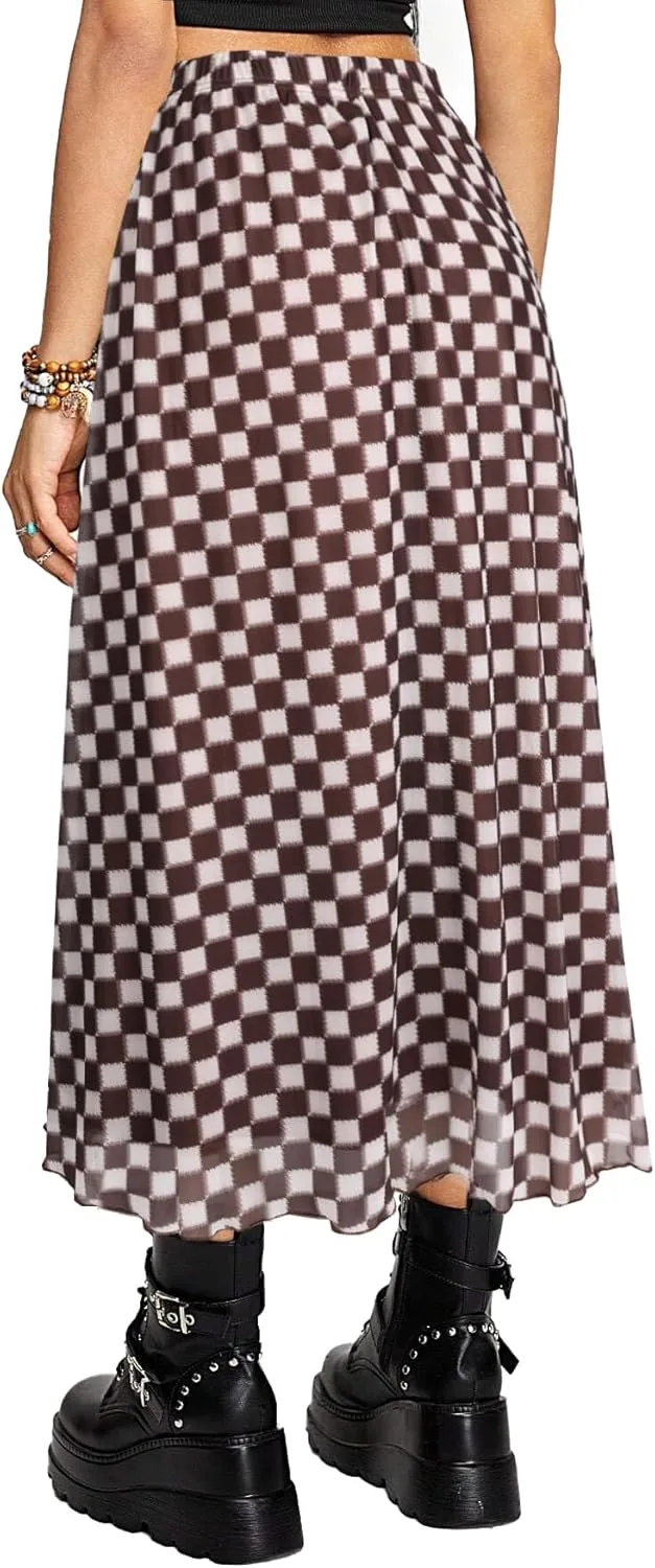 Avanova Women Mesh High Waist A Line Midi Skirt Swing Flared Long Skirts