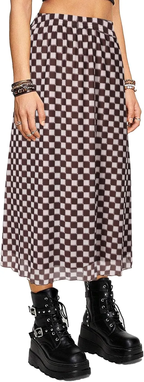 Avanova Women Mesh High Waist A Line Midi Skirt Swing Flared Long Skirts