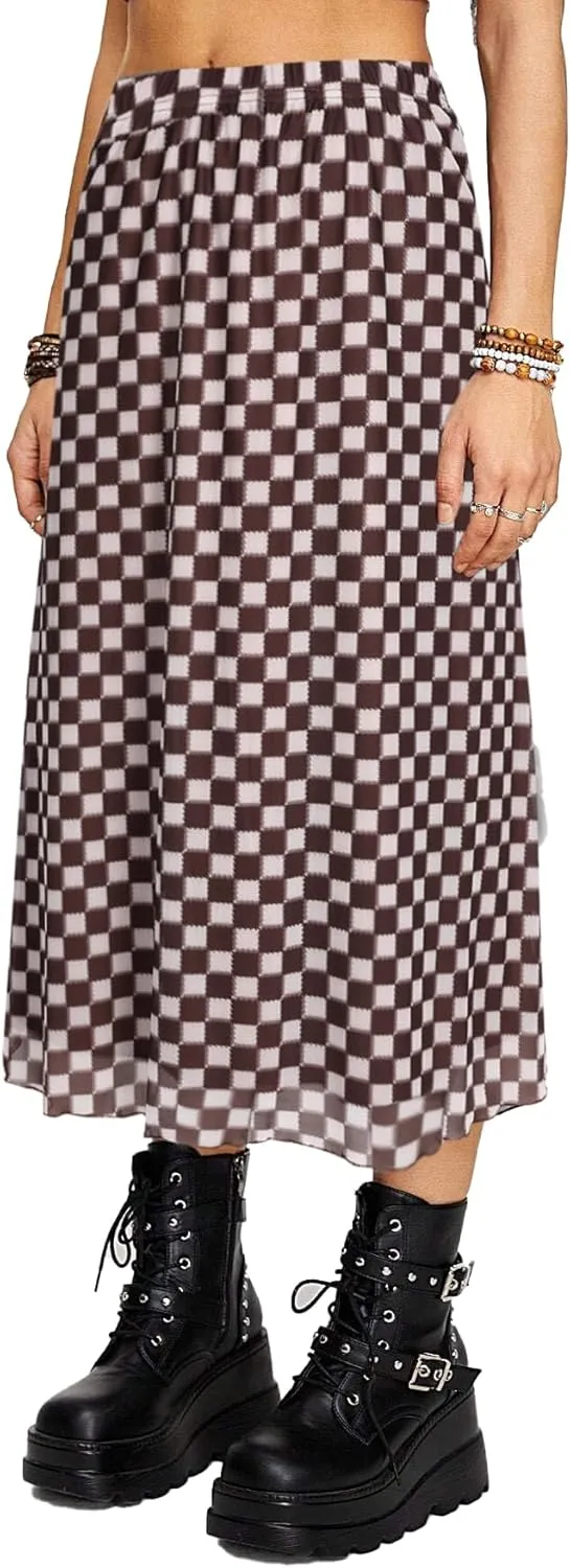 Avanova Women Mesh High Waist A Line Midi Skirt Swing Flared Long Skirts