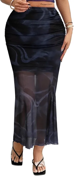 Avanova Women Tie Dye Ruched Mesh Fishtail Bodycon Long Skirt High Waisted Midi Skirts