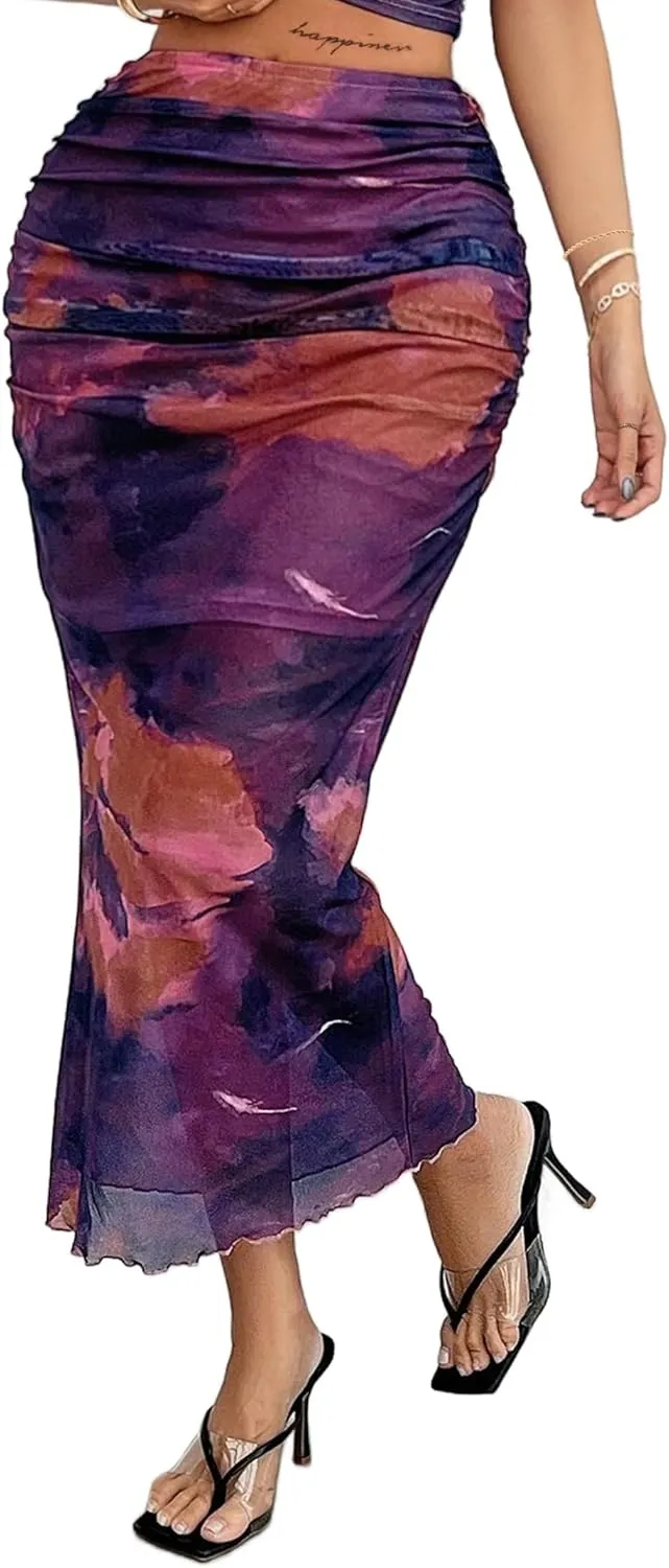 Avanova Women Tie Dye Ruched Mesh Fishtail Bodycon Long Skirt High Waisted Midi Skirts