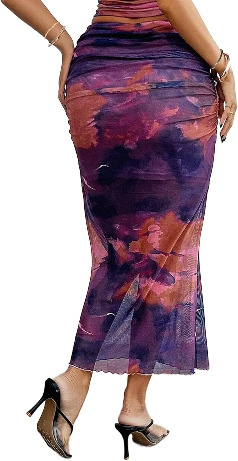 Avanova Women Tie Dye Ruched Mesh Fishtail Bodycon Long Skirt High Waisted Midi Skirts