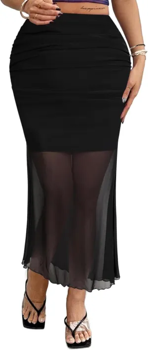 Avanova Women Tie Dye Ruched Mesh Fishtail Bodycon Long Skirt High Waisted Midi Skirts
