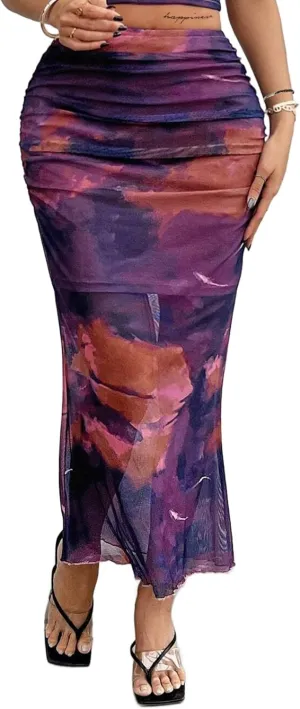 Avanova Women Tie Dye Ruched Mesh Fishtail Bodycon Long Skirt High Waisted Midi Skirts