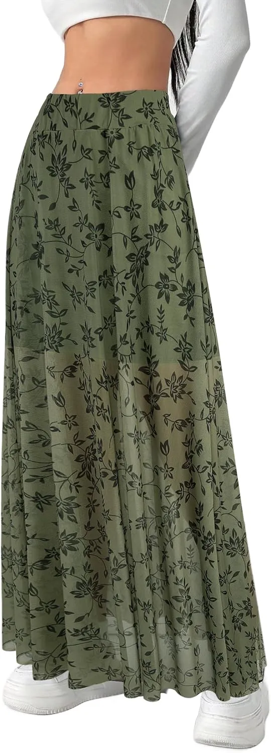Avanova Womens Sheer Mesh High Waist Maxi Skirts A Line Flowy Layered Long Skirt