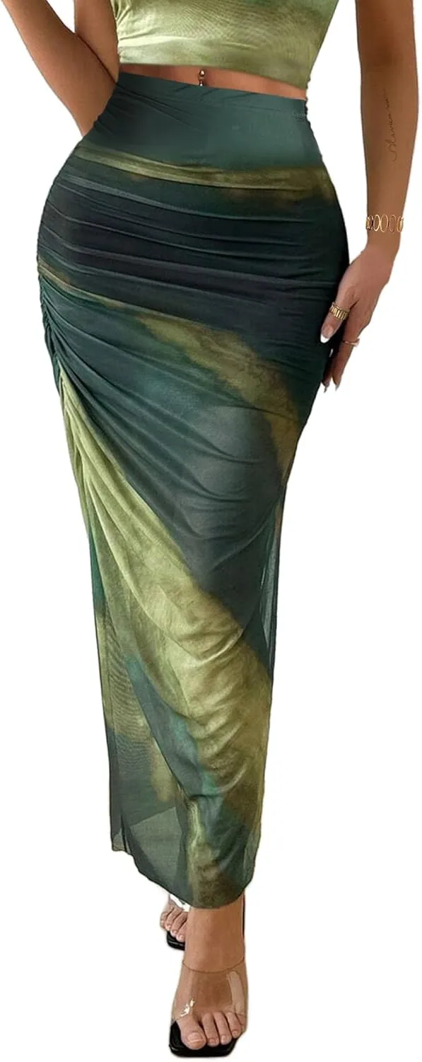 Avanova Womens Tie Dye Mesh Side Slit Maxi Skirts Split High Waisted Long Skirts