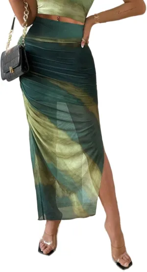 Avanova Womens Tie Dye Mesh Side Slit Maxi Skirts Split High Waisted Long Skirts