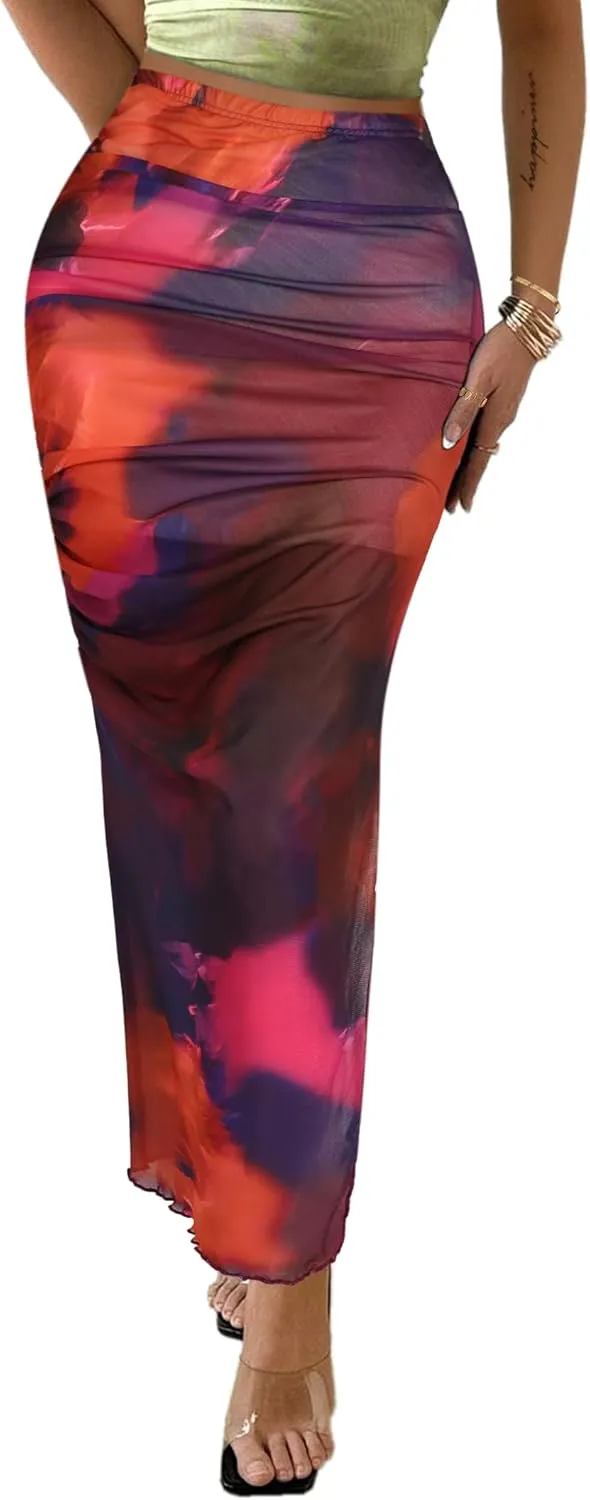 Avanova Womens Tie Dye Mesh Side Slit Maxi Skirts Split High Waisted Long Skirts