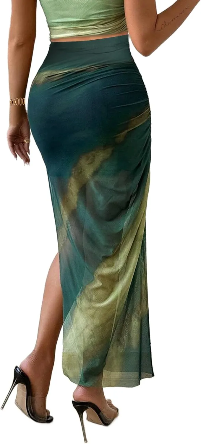 Avanova Womens Tie Dye Mesh Side Slit Maxi Skirts Split High Waisted Long Skirts
