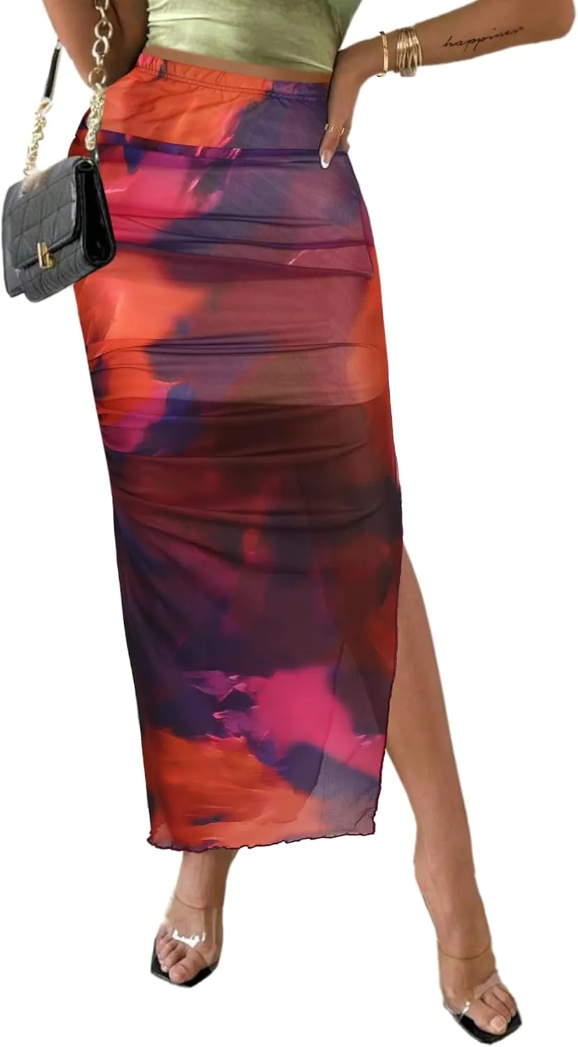 Avanova Womens Tie Dye Mesh Side Slit Maxi Skirts Split High Waisted Long Skirts