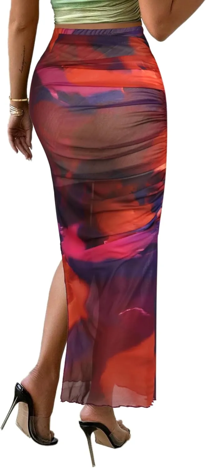 Avanova Womens Tie Dye Mesh Side Slit Maxi Skirts Split High Waisted Long Skirts
